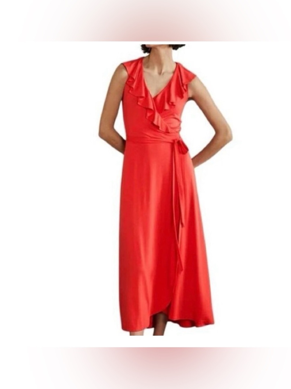 Boden Saskia Sleeveless Wrap Ruffle Neck Coral Red Jersey Midi Dress Size 10